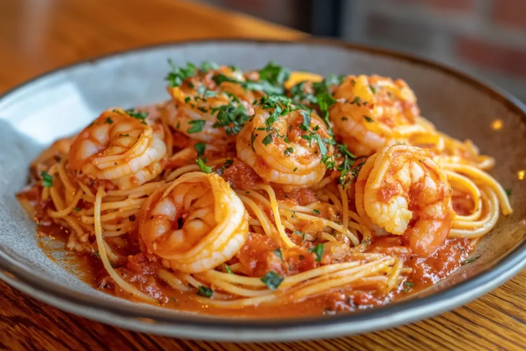 A close-up of Italian shrimp pasta served without cheese, showcasing fresh ingredients and traditional preparation methods.