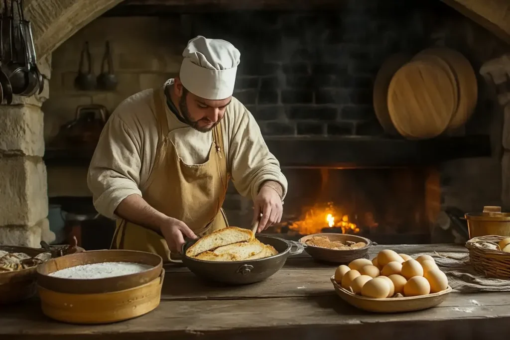 A medieval kitchen scene where a chef prepares Pain Perdu, using stale bread, milk, and eggs, reflecting the historical origins of the dish