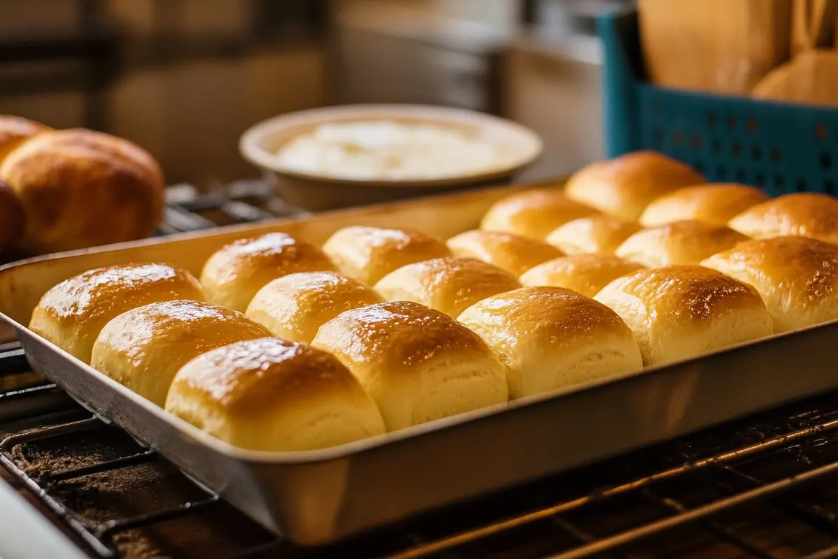 Close-up of golden Hawaiian rolls in a warm kitchen, exploring the origins of Hawaiian rolls.