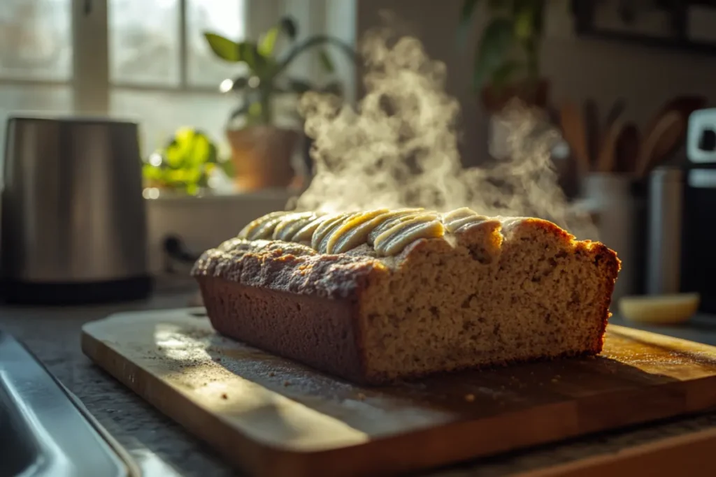 A perfectly baked banana bread loaf sliced to reveal its moist and fluffy texture. Learn tips to avoid collapsing after baking.