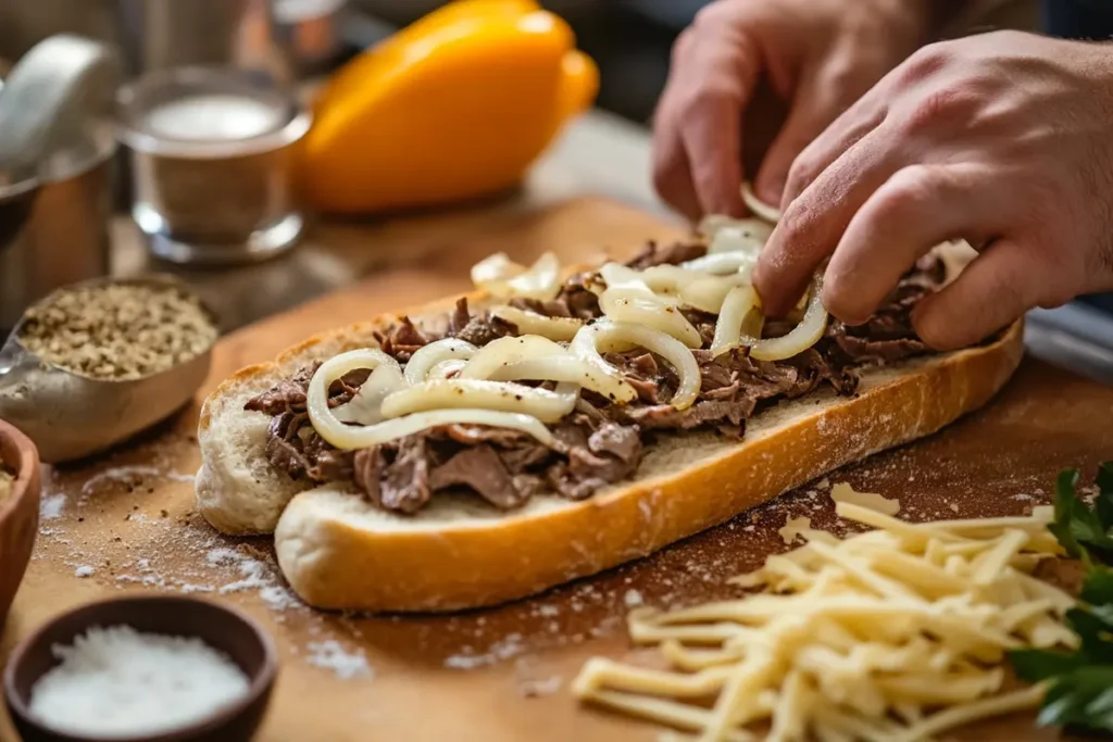 Cook assembling Philly Cheesesteak Bread with steak, onions, and cheese.