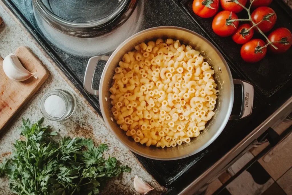 Gluten-free pasta cooking in a pot with fresh ingredients like tomatoes, garlic, and herbs ready for a Beefaroni dish.