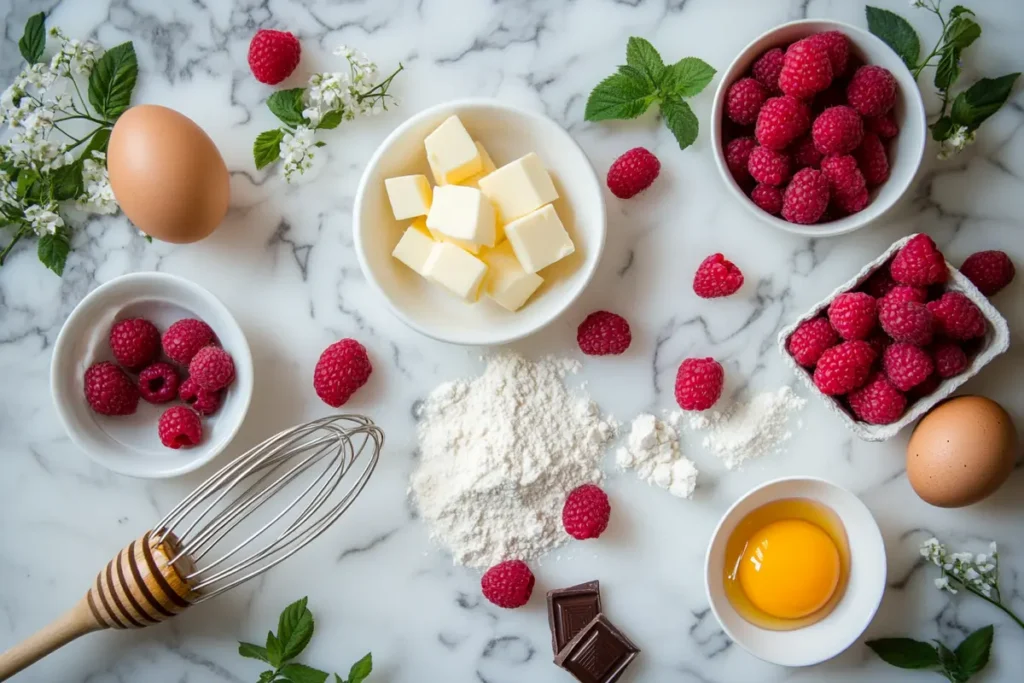 A flat lay of baking ingredients including fresh raspberries, butter, eggs, flour, chocolate, and honey on a marble countertop, surrounded by mint leaves and flowers.