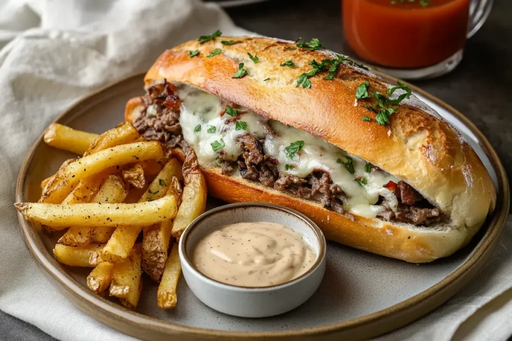 Philly Cheesesteak Bread served with fries and dipping sauce on a ceramic plate