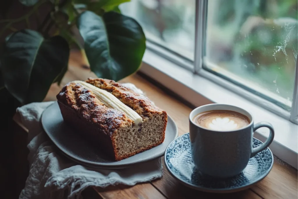 A slice of banana bread served with a cup of coffee, creating a cozy, inviting scene for enjoying this quick homemade recipe.