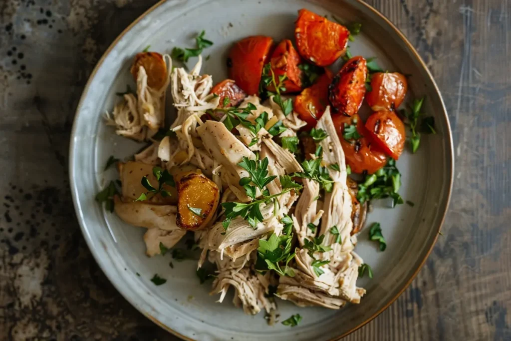 Shredded crockpot chicken served with fresh herbs and roasted vegetables, demonstrating a delicious slow-cooked result