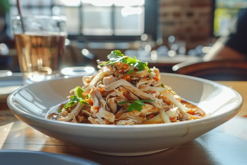 Shredded, tender slow-cooked chicken displayed on a white plate, highlighting the juicy results of crockpot cooking.
Placement: Use in the section "The Relationship Between Cooking Time and Chicken Tenderness.