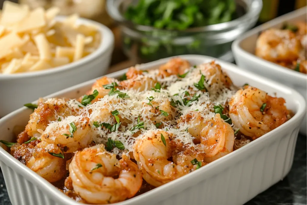 A modern take on shrimp pasta featuring a light sprinkling of cheese, presented in a sleek kitchen setting with fresh ingredients.