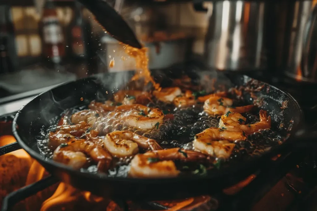 Shrimp tails being cooked in a skillet, illustrating the release of oils and natural juices that enhance the flavor of pasta dishes.