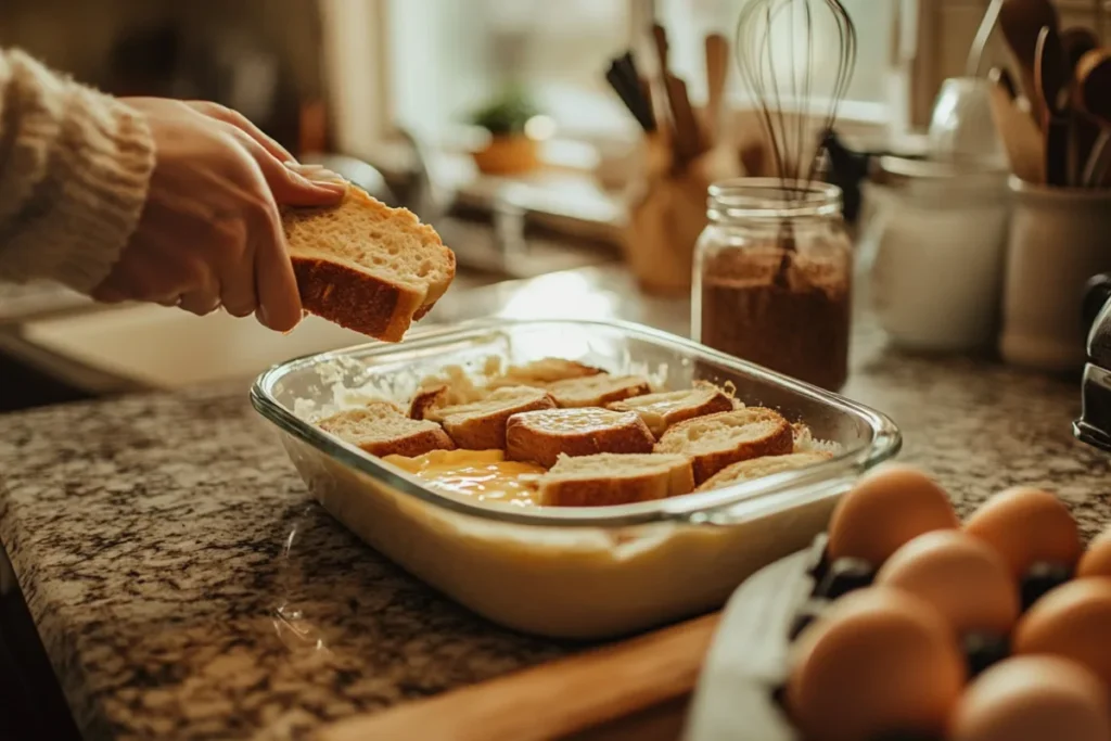 Hands soaking slices of bread in a custard mixture in a glass dish, preparing for French toast cooking.