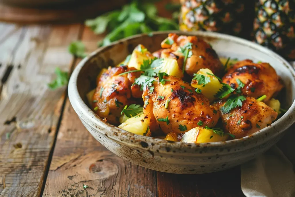 Sweet Hawaiian Crockpot Chicken served in a rustic ceramic bowl, topped with pineapple chunks and fresh cilantro. The dish radiates tropical flavors, perfect for a family dinner