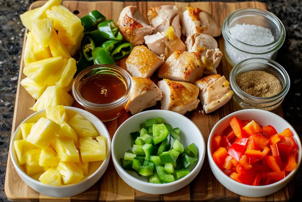 ngredients for Sweet Hawaiian Crockpot Chicken neatly arranged on a wooden board, including chicken thighs, pineapple chunks, soy sauce, and bell peppers