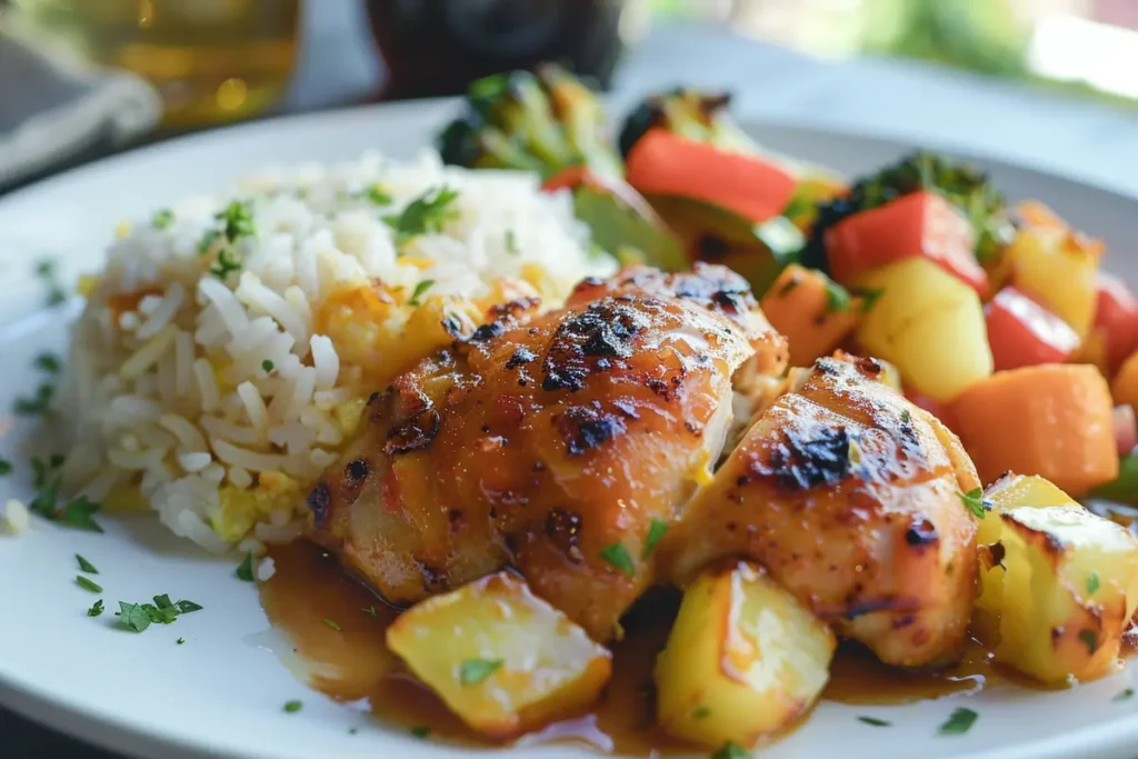 Sweet Hawaiian Crockpot Chicken served with steamed rice and roasted vegetables on a white plate, showcasing a vibrant, colorful, and appetizing meal