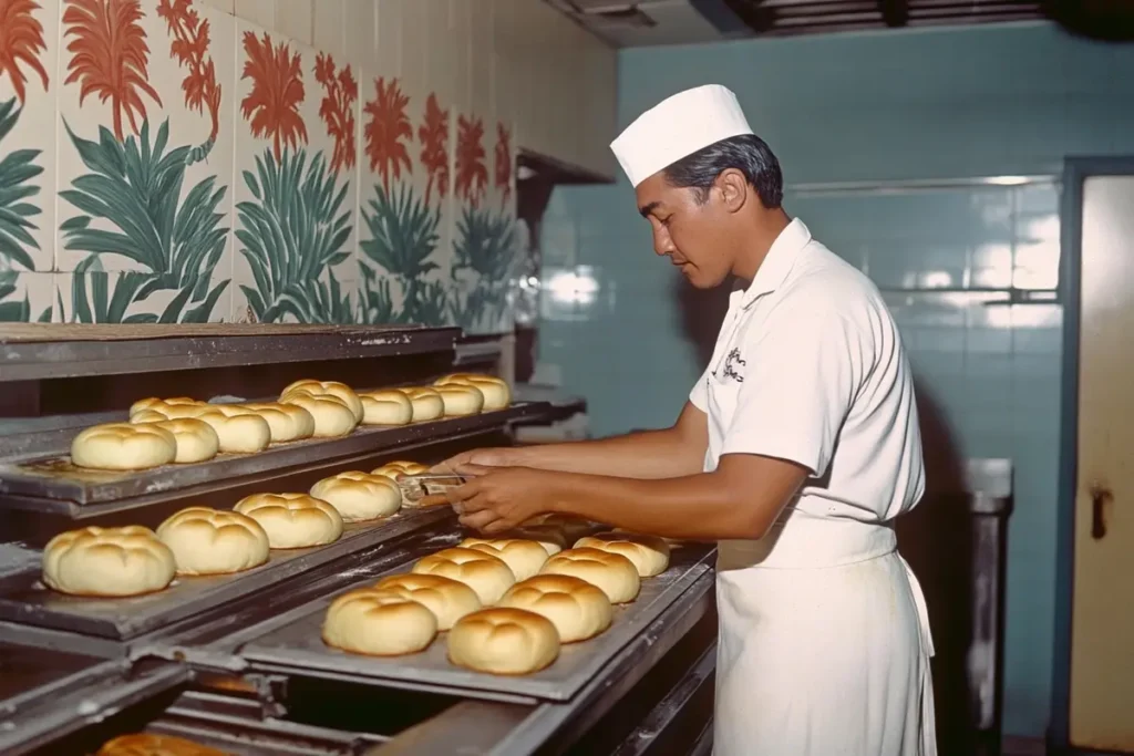 Vintage Hawaiian bakery scene from the 1950s, showing a baker preparing sweet rolls, linked to the history of Hawaiian rolls.