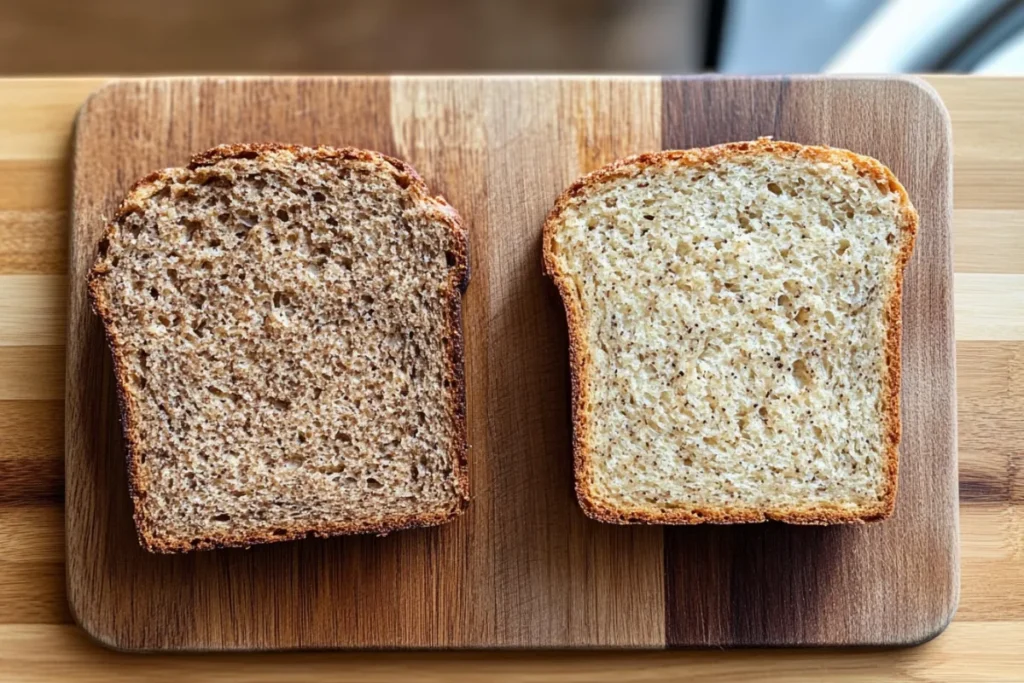 Whole grain bread slices and banana bread slices on a cutting board, comparing their visual and nutritional appeal.