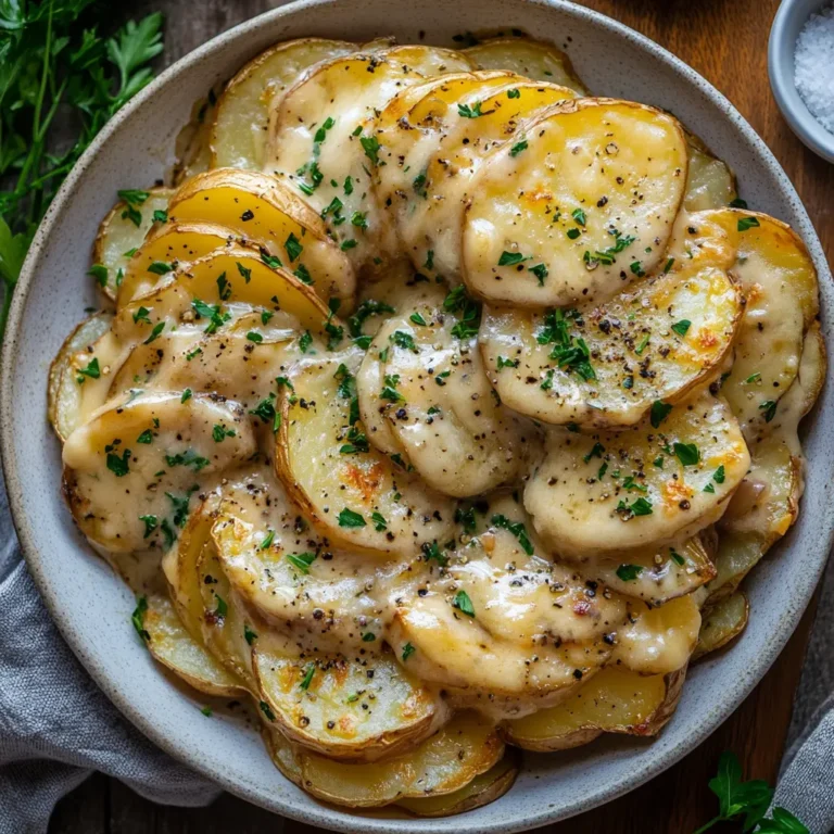 A beautifully plated dish of healthier smothered potatoes