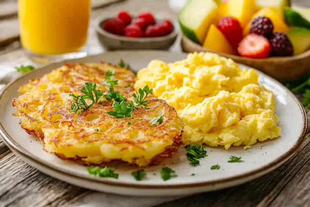 A plate of air-fried hash browns served with scrambled eggs, garnished with fresh parsley, and paired with orange juice and fruit on a rustic breakfast table.