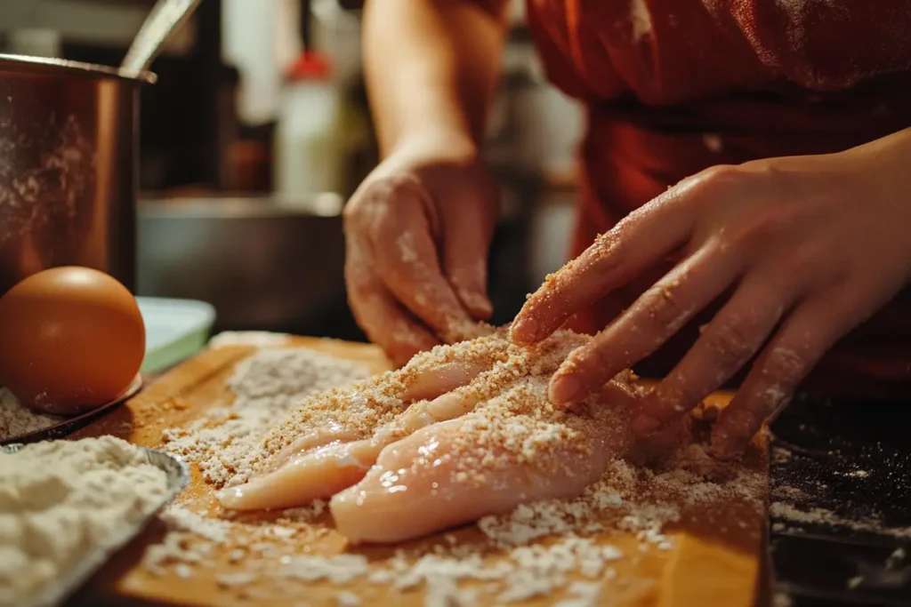 What is the difference between chicken Parmesan and chicken parmigiana? A close-up of a hand breading a chicken cutlet, with eggs and breadcrumbs visible, showcasing a key step in their preparation.