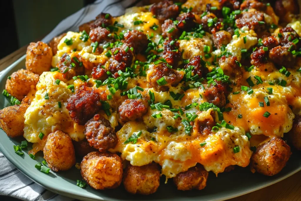 Loaded tater tots for breakfast topped with scrambled eggs, sausage, cheddar, and chives, served in a cozy kitchen setting with soft morning light.