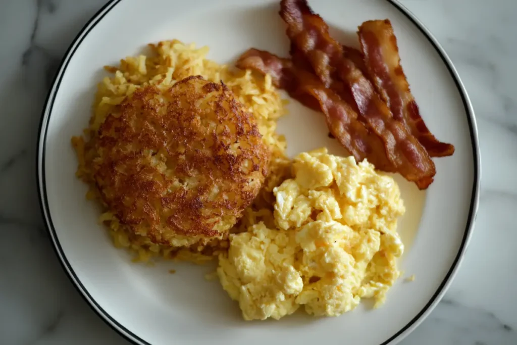 Delicious breakfast with a side of how long do you cook frozen hash browns for, scrambled eggs and bacon