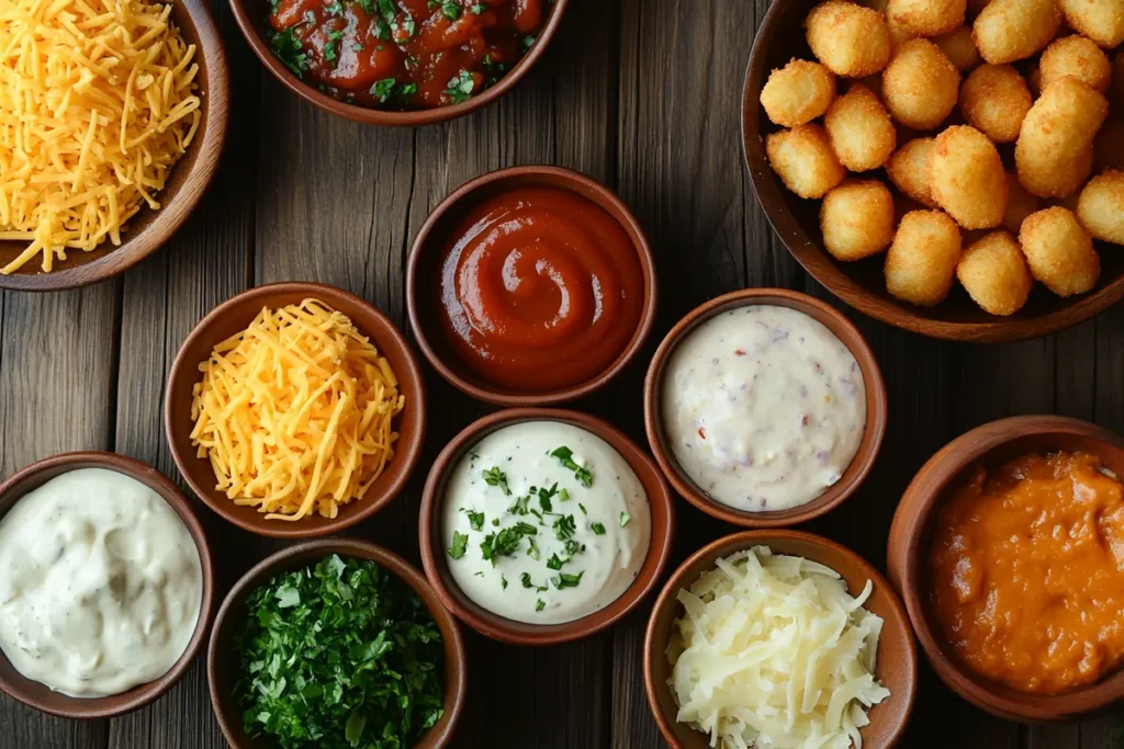 What do you put on a tater tot bar? A close-up view of shredded cheddar, queso, ranch, BBQ sauce, and sriracha mayo, all ready to enhance a tater tot bar experience.