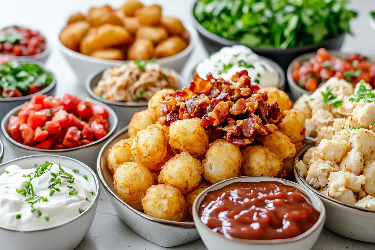 A DIY tater tot bar featuring a platter of crispy tater tots surrounded by bowls of toppings like shredded chicken, barbecue sauce, and fresh herbs.