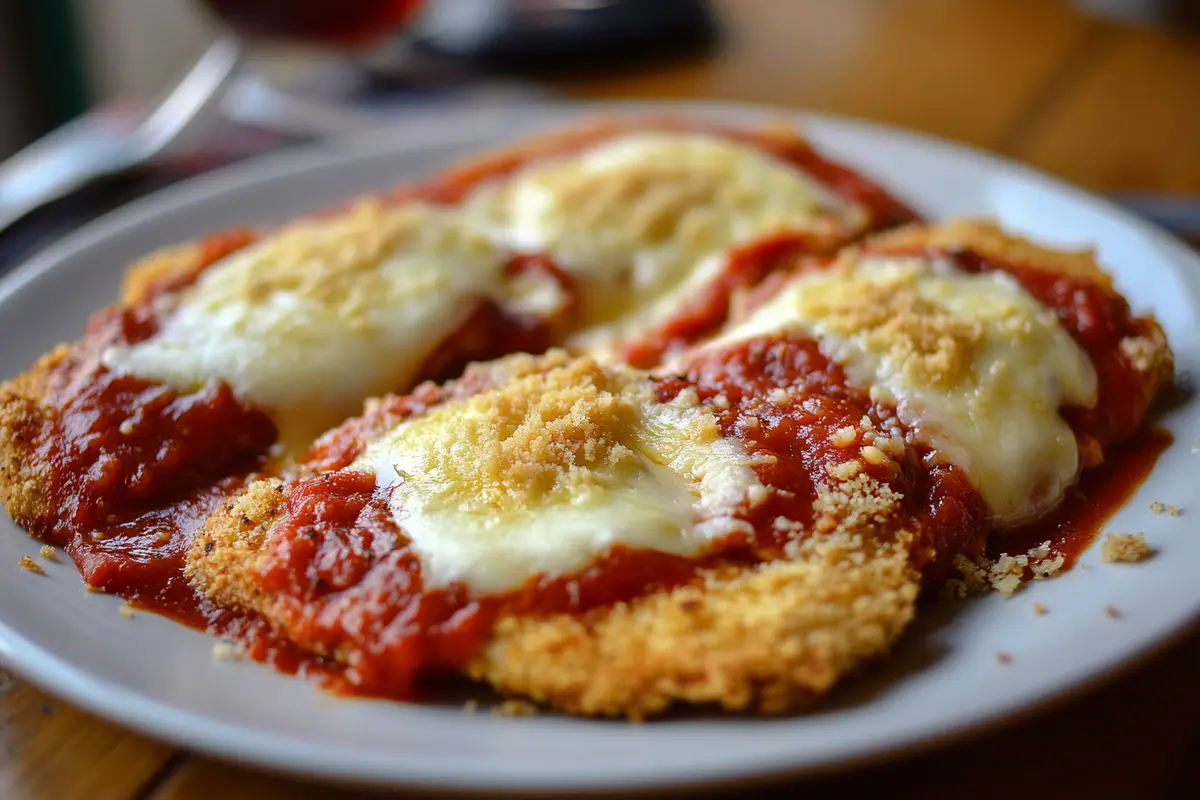 A close-up, slightly messy shot of a plate with a homemade chicken parmesan dish. The melted mozzarella and tomato sauce are visible. Breadcrumbs are around the edges.