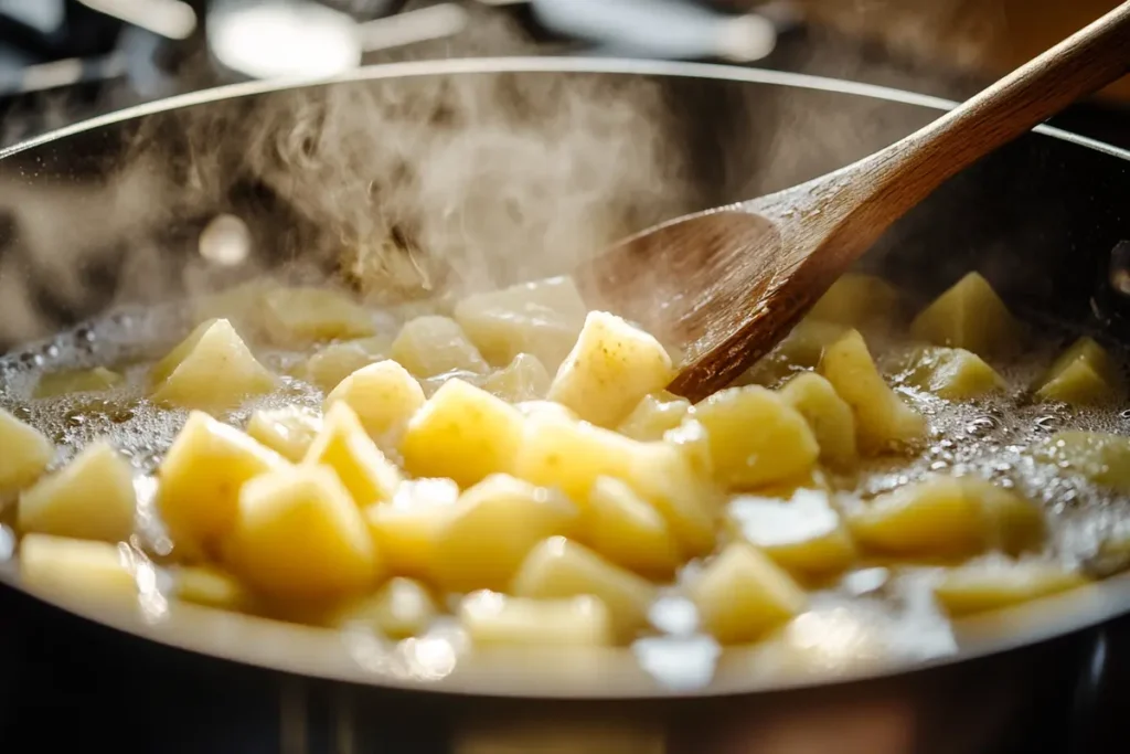 Diced potatoes boiling in a pot of water with bubbles and steam rising, illustrating the answer to the question, Should You Boil Potatoes Before Pan Frying, while showcasing the essential preparation step for perfect pan-fried potatoes.