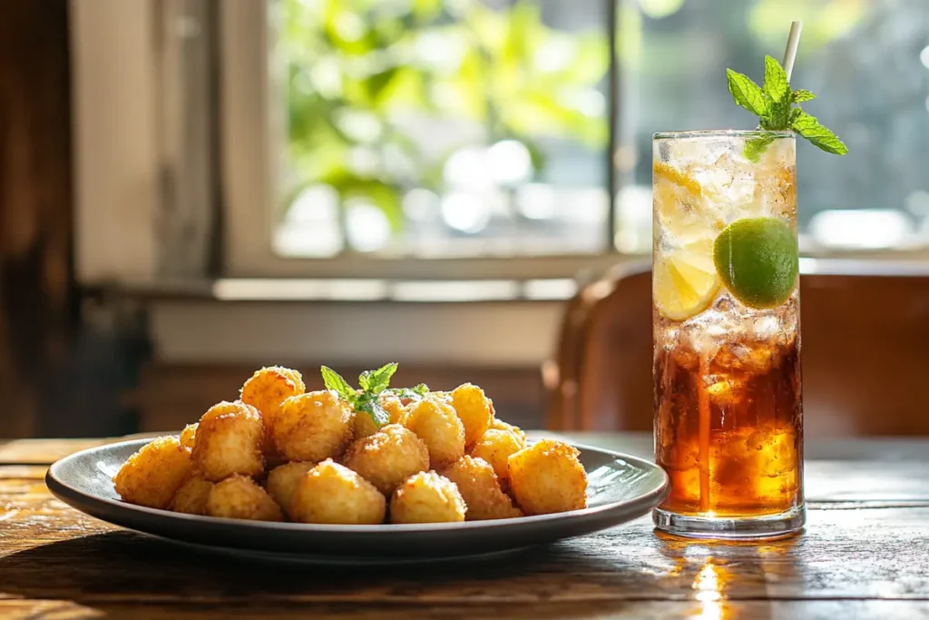 A plate of crispy tater tots served with iced tea and sparkling water, highlighting refreshing non-alcoholic pairings for 'What are the best toppings for tater tots.