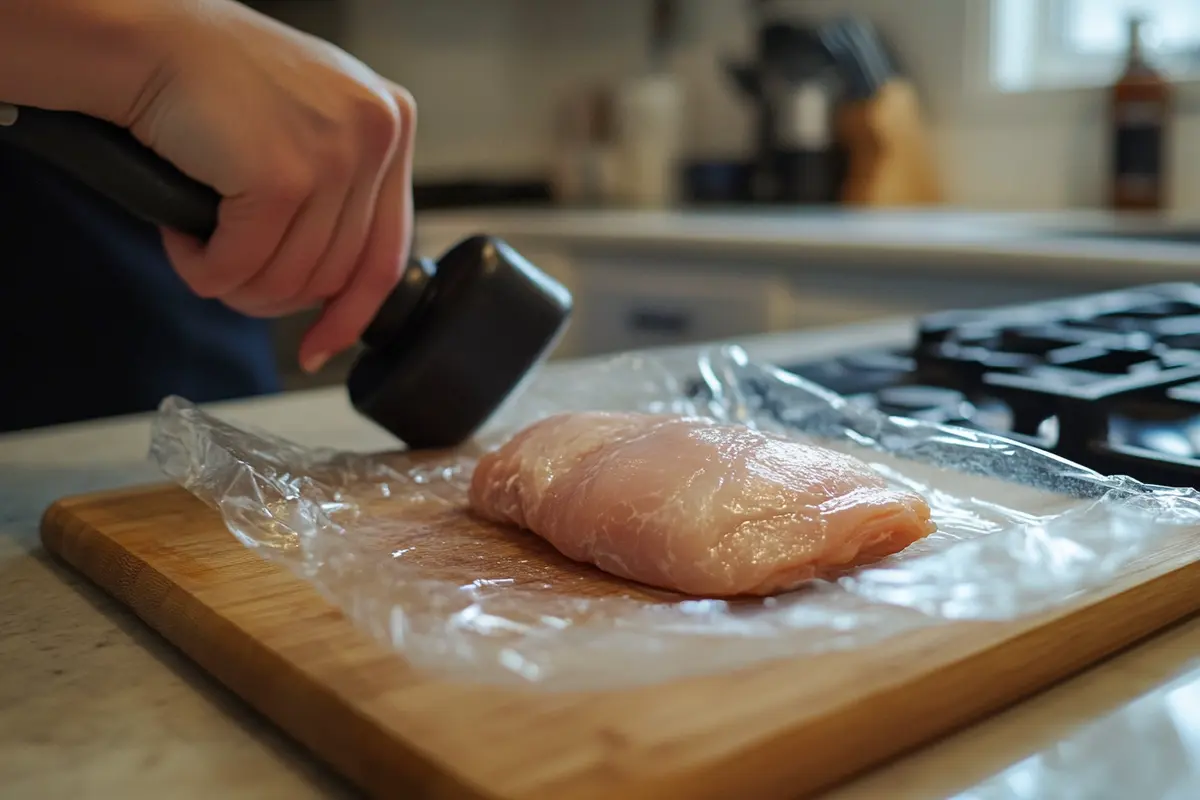 Home cook using a meat mallet to flatten a chicken breast between plastic wrap on a wooden cutting board, preparing for chicken Parmesan. Learn how to flatten chicken for chicken Parmesan for even cooking and tender results.