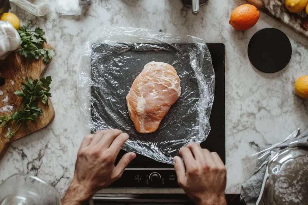 Overhead view of a person using a heavy skillet to flatten a chicken breast between plastic wrap on a kitchen counter, an improvised method for chicken Parmesan preparation.