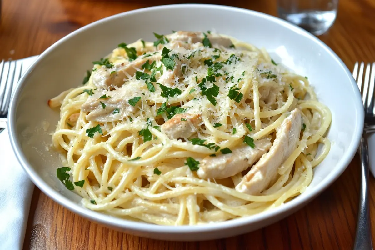 A delicious serving of garlic Parmesan chicken pasta topped with Parmesan and parsley, highlighting the creamy texture and rich flavors.