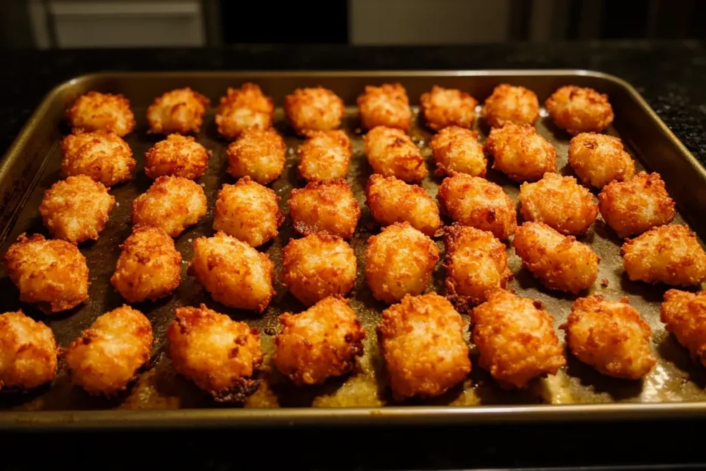 What Does Loaded Tots Mean? Freshly baked golden tater tots arranged on a tray, showcasing their crispy edges and fluffy interiors. A top-down view highlighting the ideal base for loaded tots.