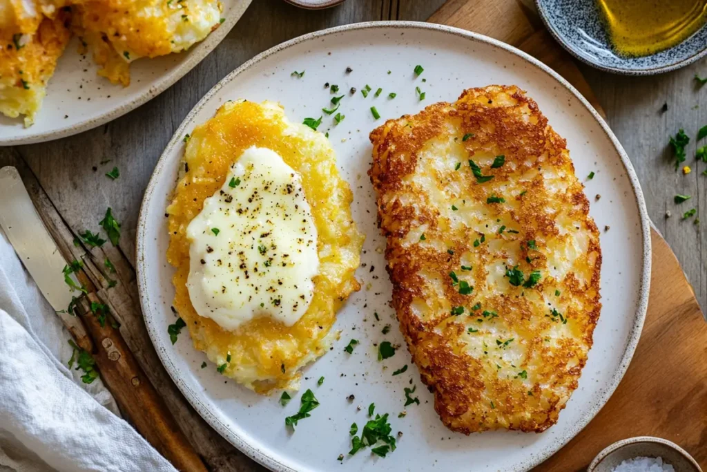 An overhead view of two plates of hash browns, one cooked in butter and the other in oil, showing texture differences.