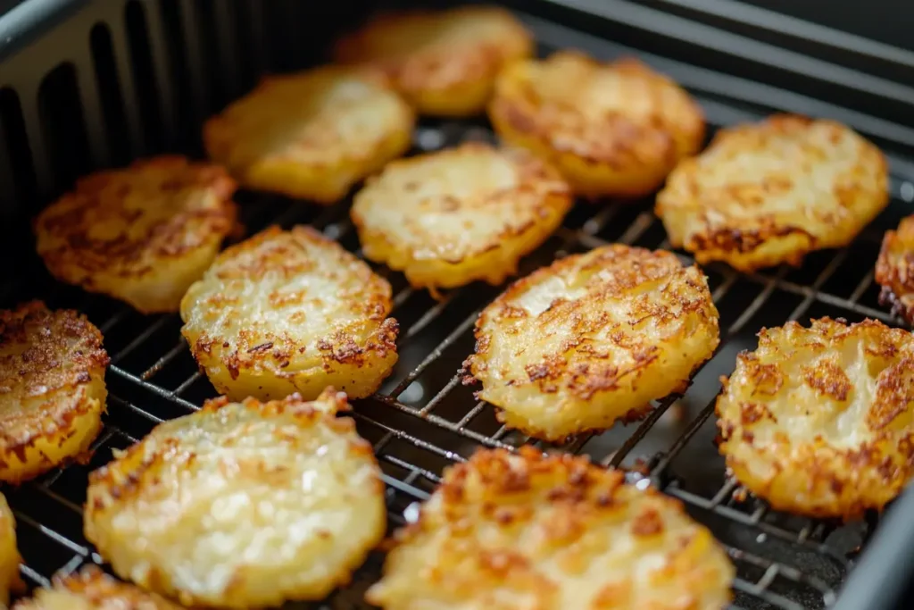 Hash browns partially cooked in an air fryer basket, showing golden and lightly browned areas during the cooking process.