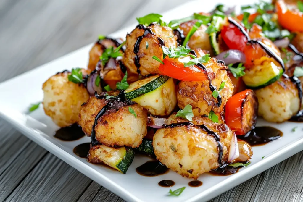 Loaded tater tots topped with roasted zucchini, bell peppers, and onions, lightly drizzled with balsamic glaze. A wholesome take on a comfort food classic.