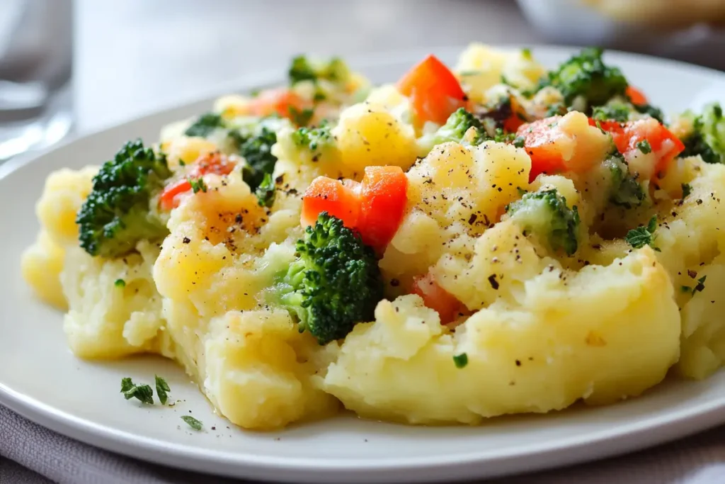 A serving of smothered potatoes topped with broccoli and red bell peppers, presented on a white plate with a clean, minimal backdrop.