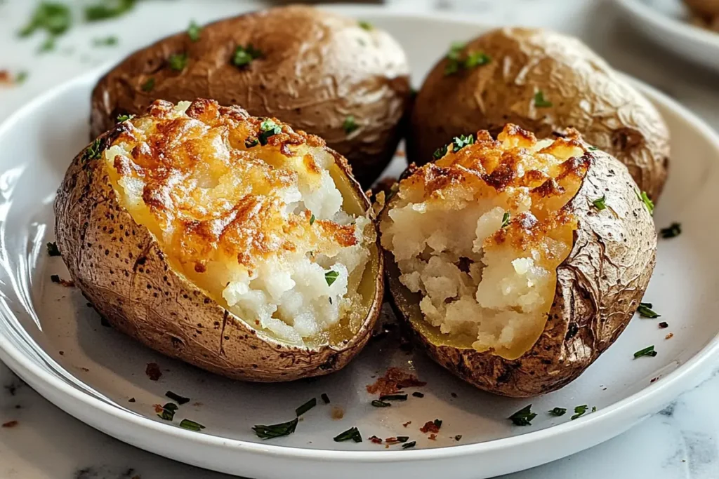 A crispy, golden-brown baked potato with a bite taken out, revealing a soft, steamy inside.