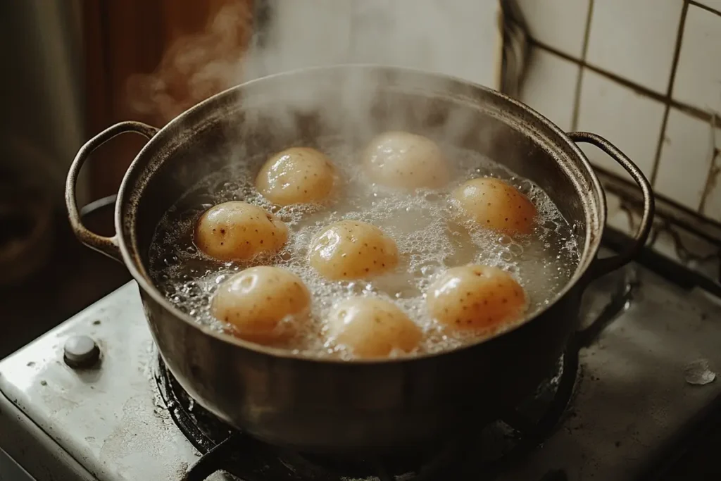 Whole russet potatoes boiling in a pot of salted water on a stovetop, a key step in pre-boiling before baking.