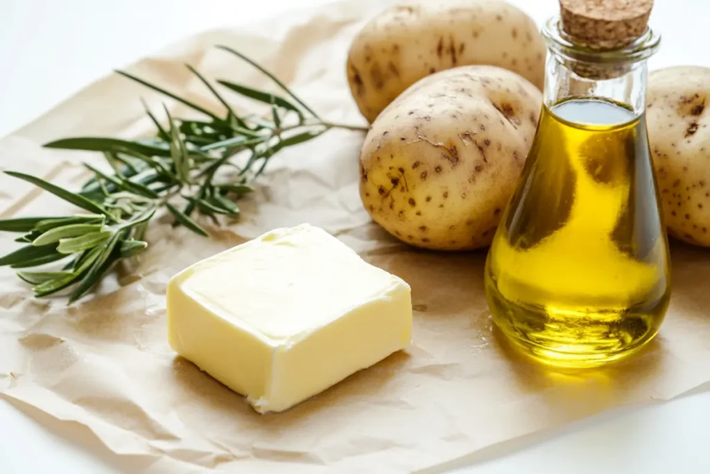 A simple image of butter, oil, and a potato, showing the primary ingredients needed to prepare hash browns.