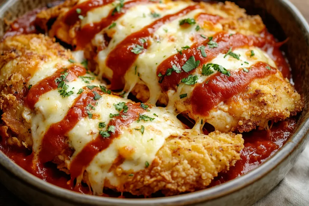 An amateur shot of a baking dish. You can see layers of fried chicken, tomato sauce, and cheese, prepared to be baked as chicken parmigiana or chicken parmesan.