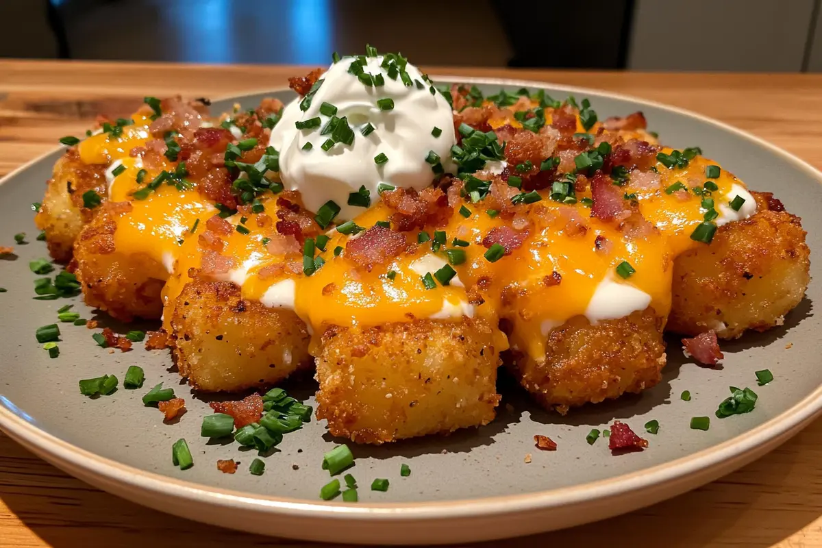 Golden crispy loaded tater tots topped with melted cheddar cheese, bacon, sour cream, and fresh chives. A perfect combination of textures and flavors.