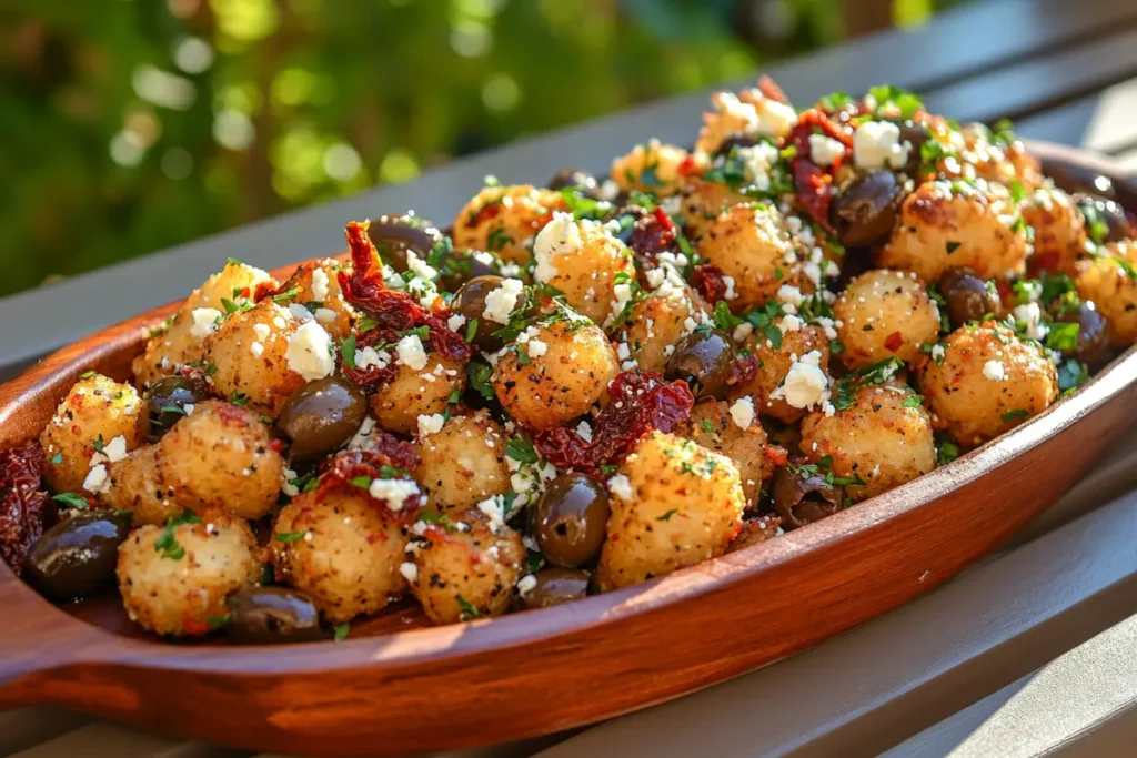 Rustic tray of Mediterranean-style loaded tater tots topped with feta cheese, olives, sun-dried tomatoes, and olive oil drizzle, served outdoors.