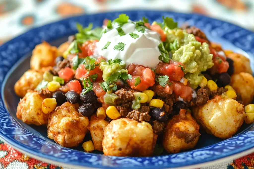 A vibrant plate of Mexican-style loaded tater tots with seasoned beef, black beans, salsa, guacamole, and sour cream. Bursting with color and flavor.