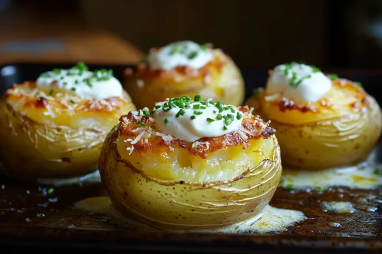 Four crispy baked russet potatoes on a baking sheet, topped with butter, sour cream, cheese, and chives for extra flavor.