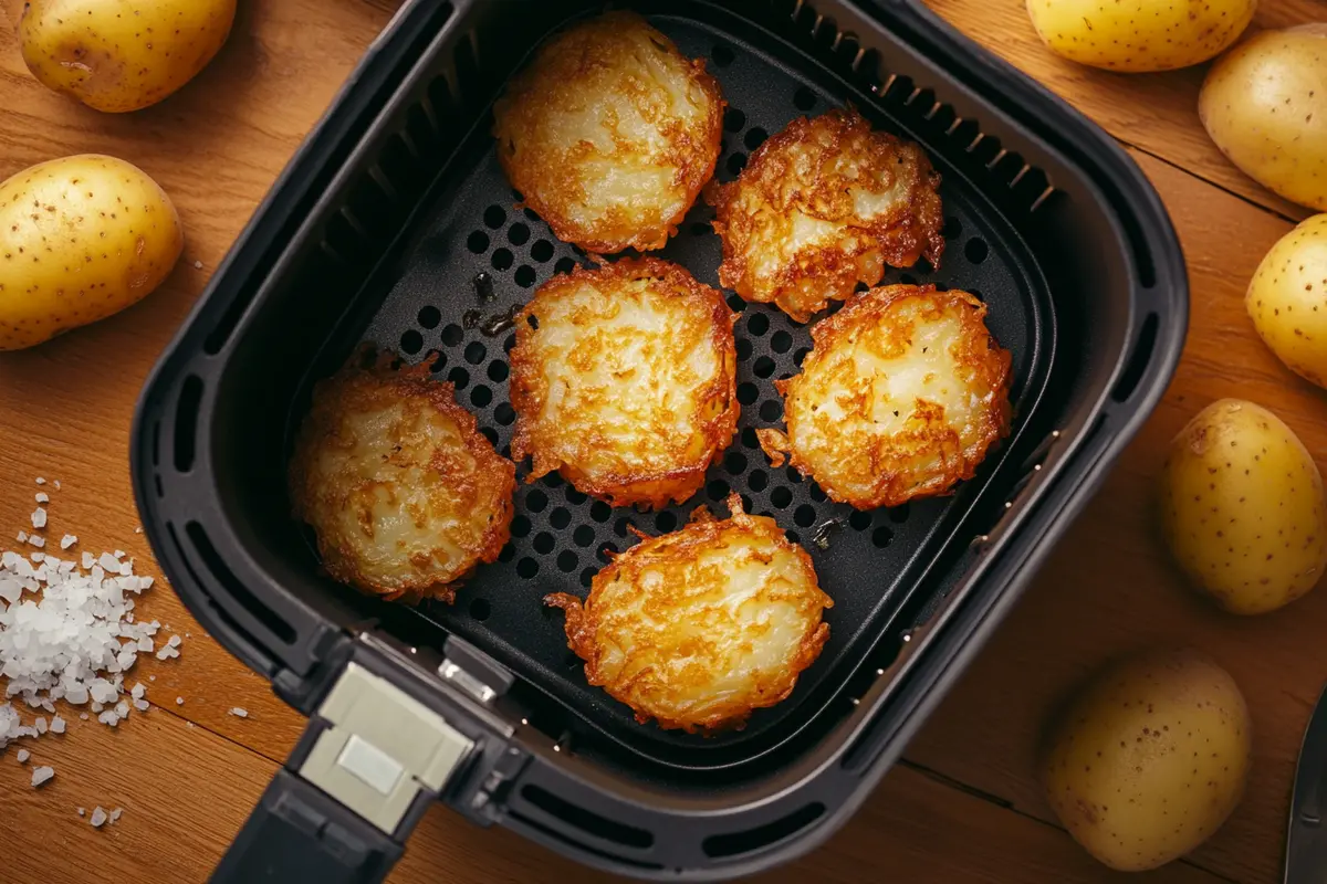 Crispy, golden hash browns in an air fryer basket, highlighting the perfect results of cooking hash browns in an air fryer.