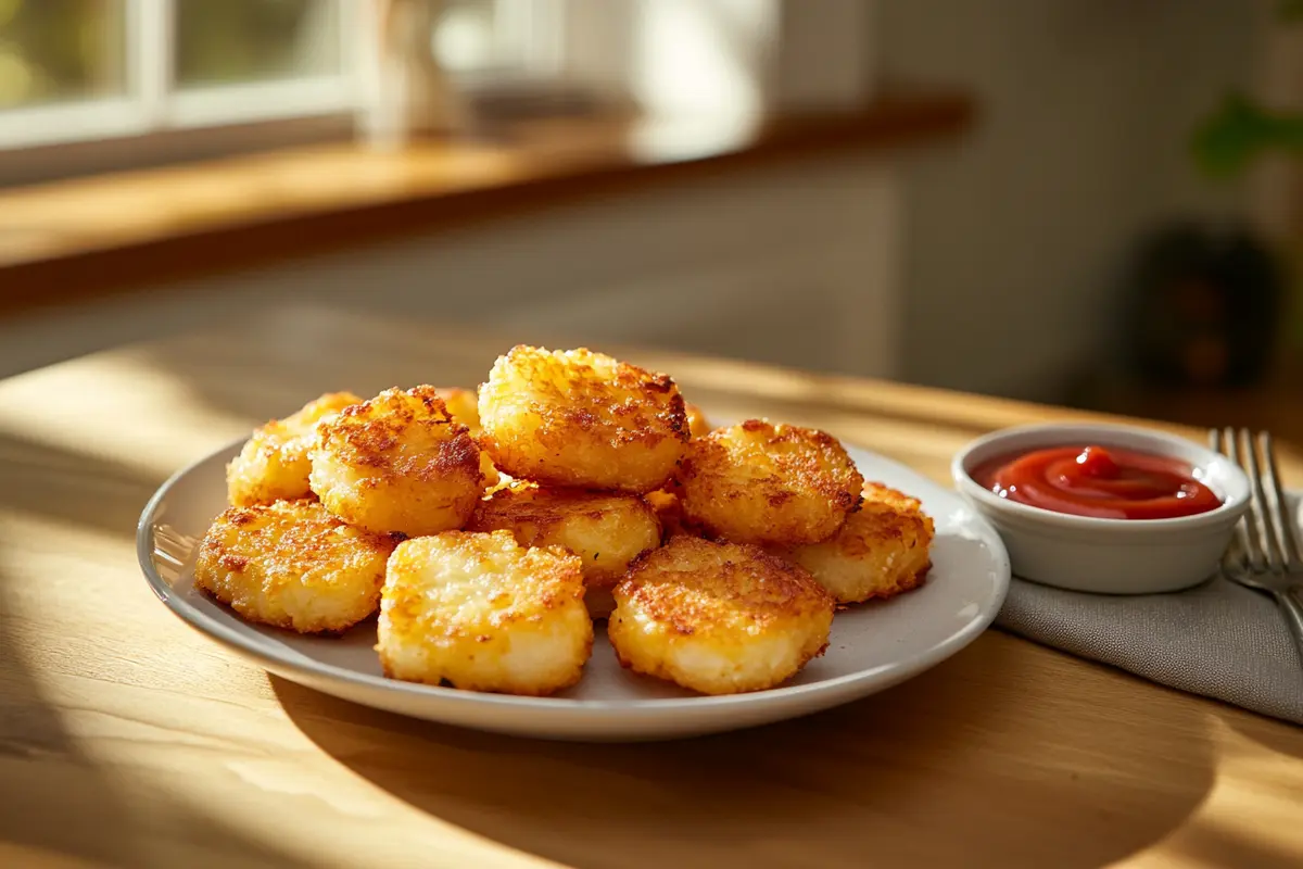 A plate of golden, crispy hash browns cooked in an air fryer, served with a small bowl of ketchup on a wooden kitchen counter.