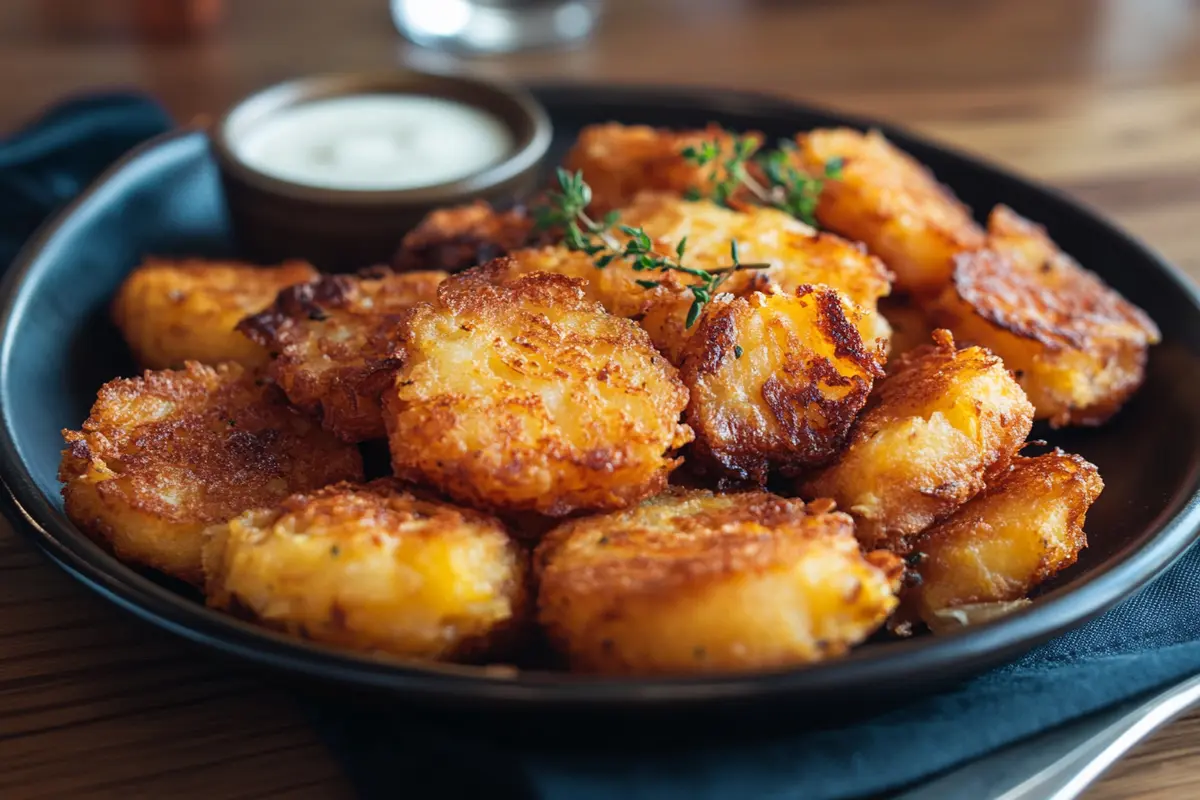 Close-up of perfectly crispy hash browns, showcasing their golden-brown exterior, illustrating how to achieve crispness