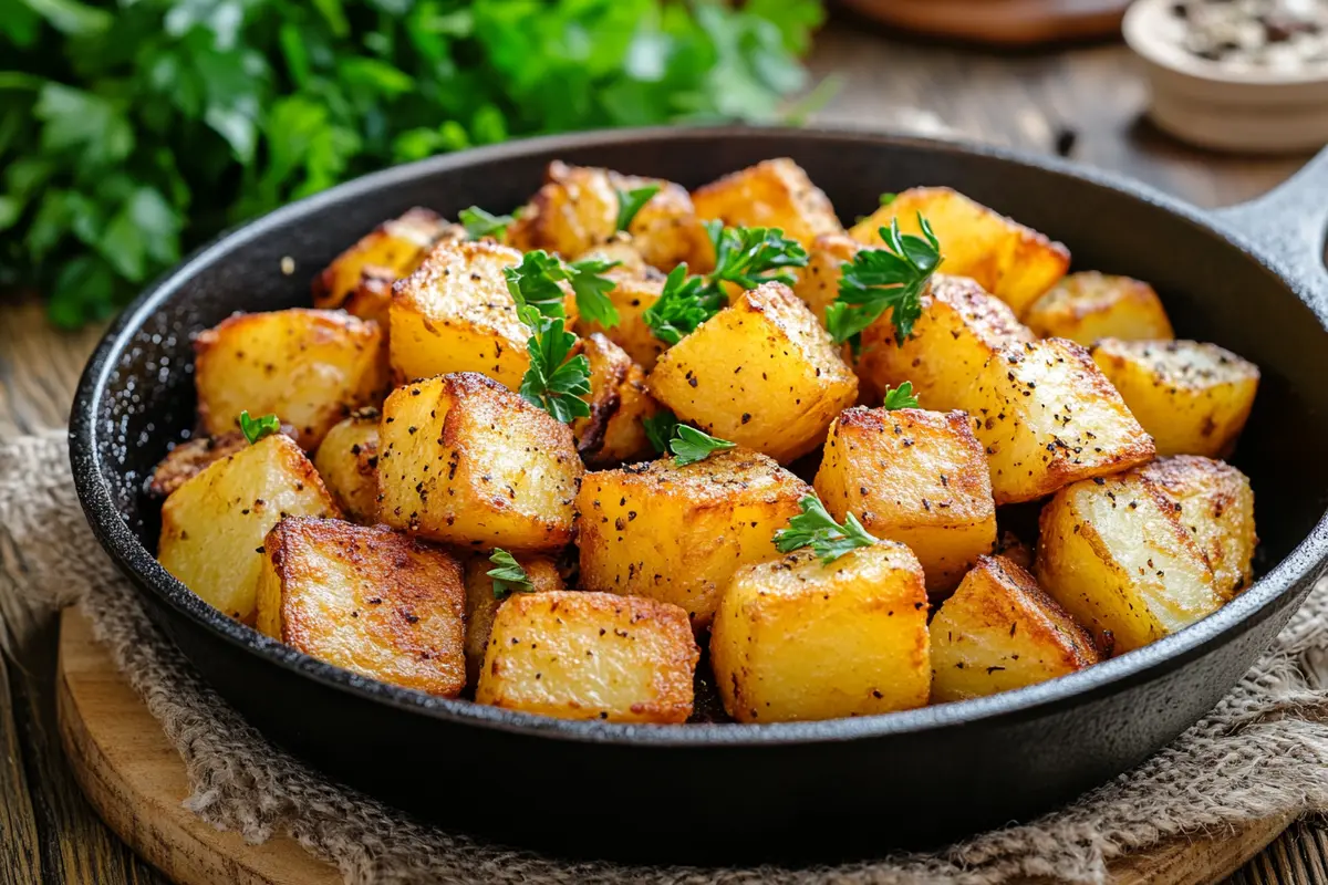 Crispy pan-fried potatoes with golden-brown edges in a cast iron skillet, garnished with parsley and black pepper, captured in natural light.