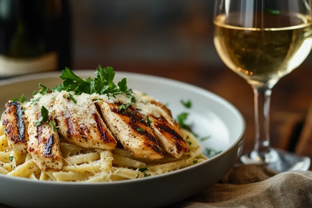 Garlic Parmesan chicken pasta served with grilled chicken slices and parsley, paired with a glass of wine on a rustic table.